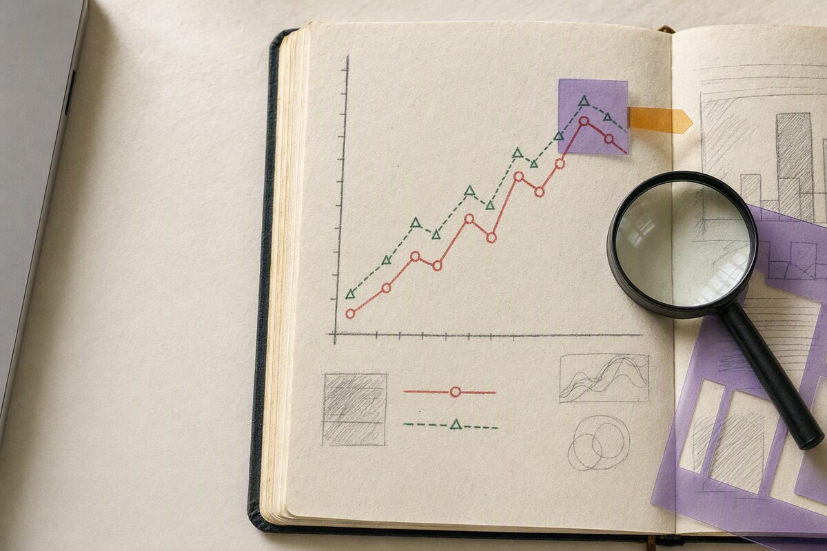 Open lab notebook with red circle and green triangle chart lines, inspected under a magnifying lens